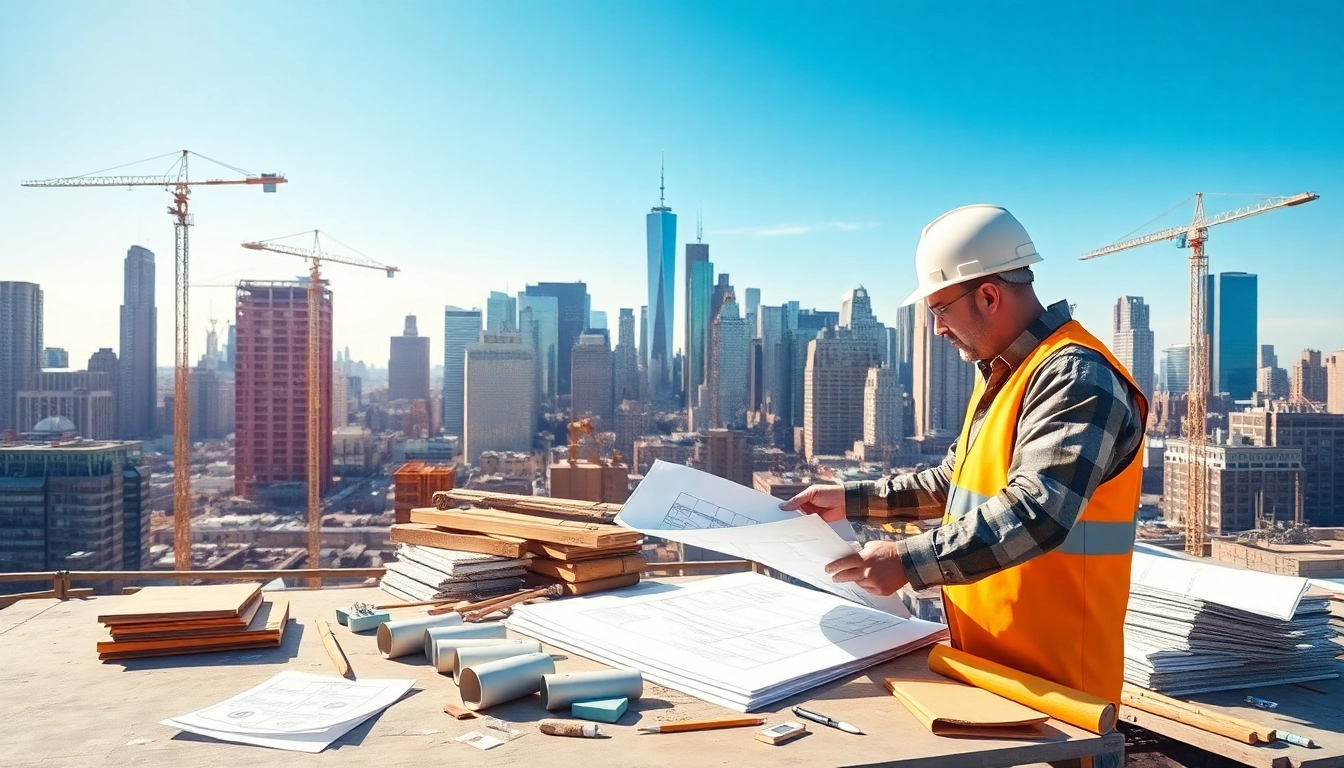 New York City Commercial General Contractor examining blueprints on a busy construction site.