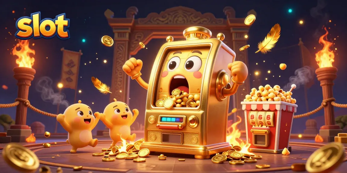 Slot mesin emas mendapatkan jackpot dengan koin jatuh, dikelilingi oleh mesin kecil dan efek keberuntungan.