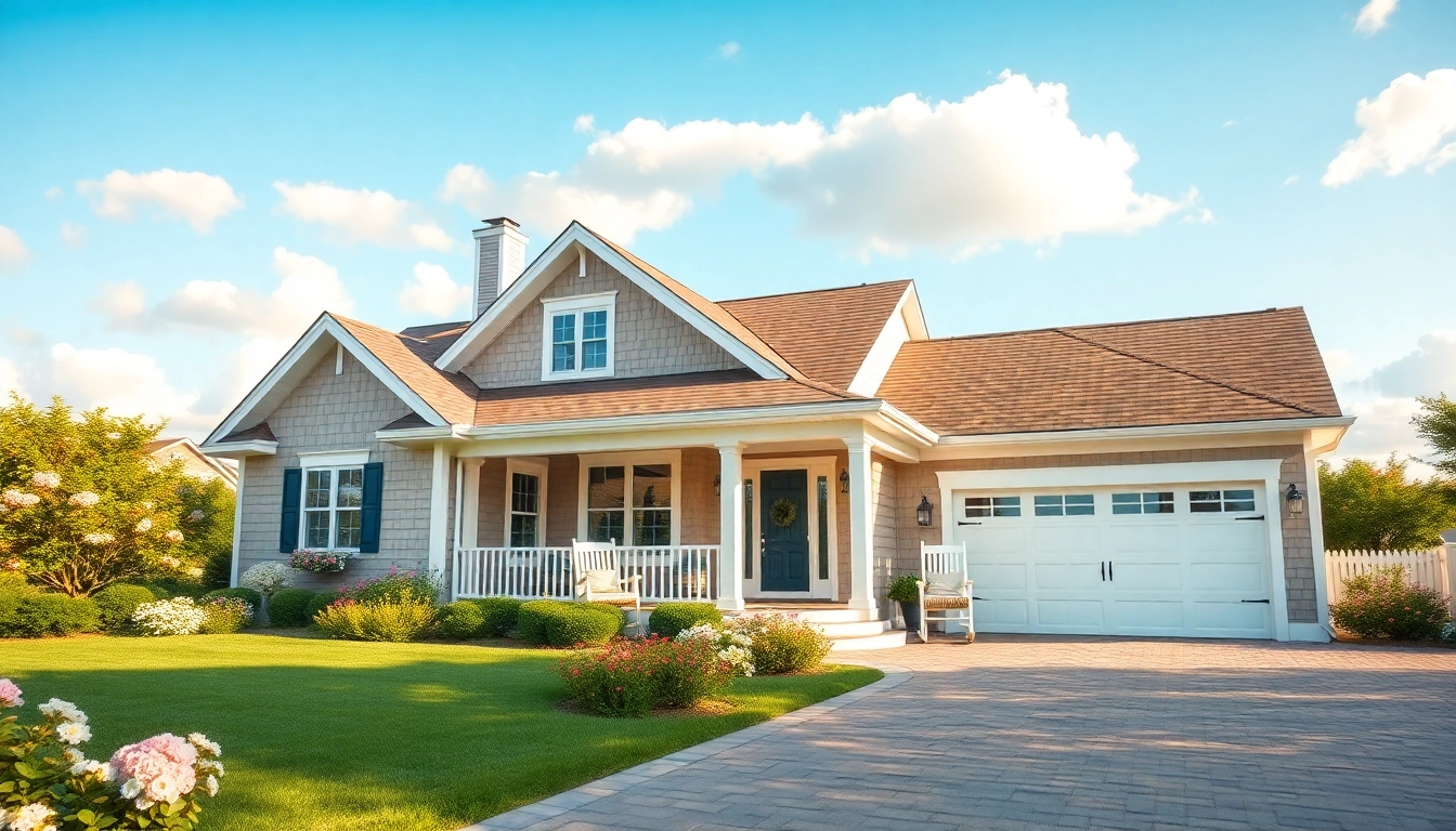 View of a charming cape cod home with an attached garage, surrounded by flowers and greenery.
