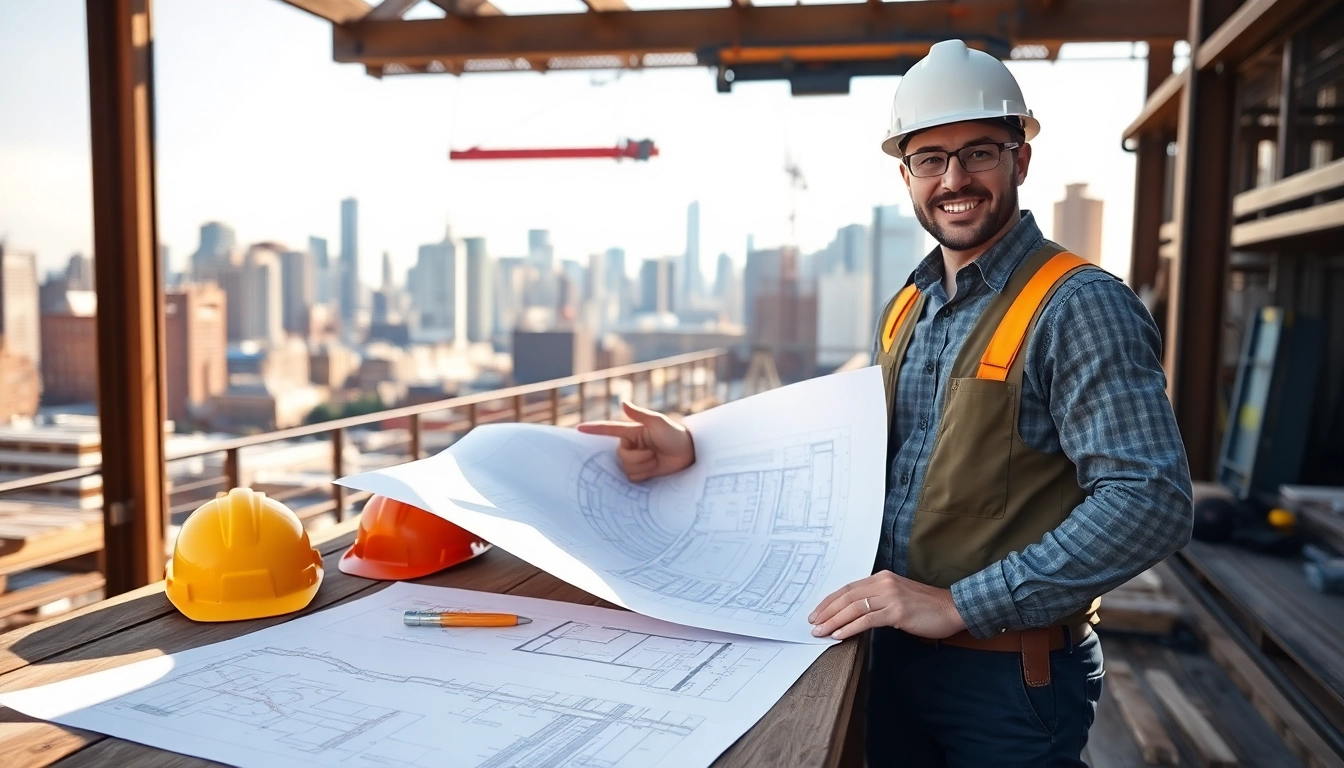Manhattan General Contractor analyzing blueprints on a vibrant construction site.