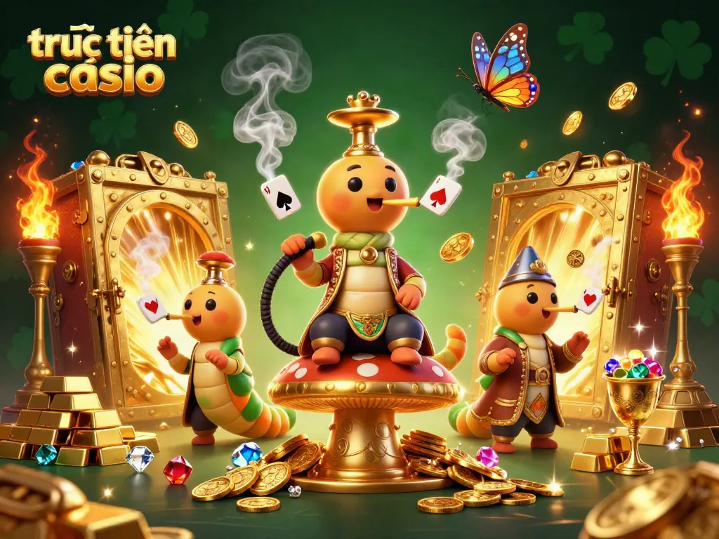 Trải nghiệm trực tuyến casino thú vị với hình ảnh sòng bạc và nhân vật huyền bí.