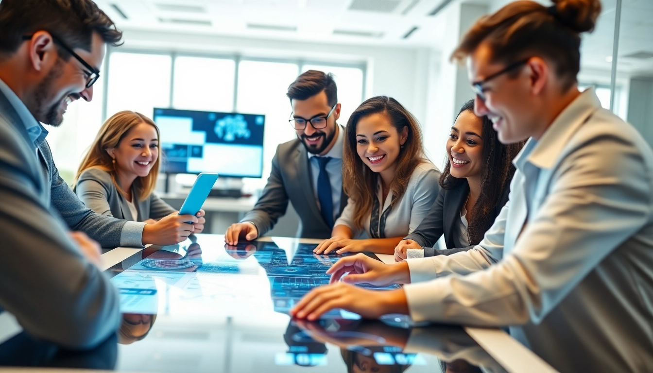 Engaged professionals discussing enterprise search ai solutions around a smart table in a modern office.