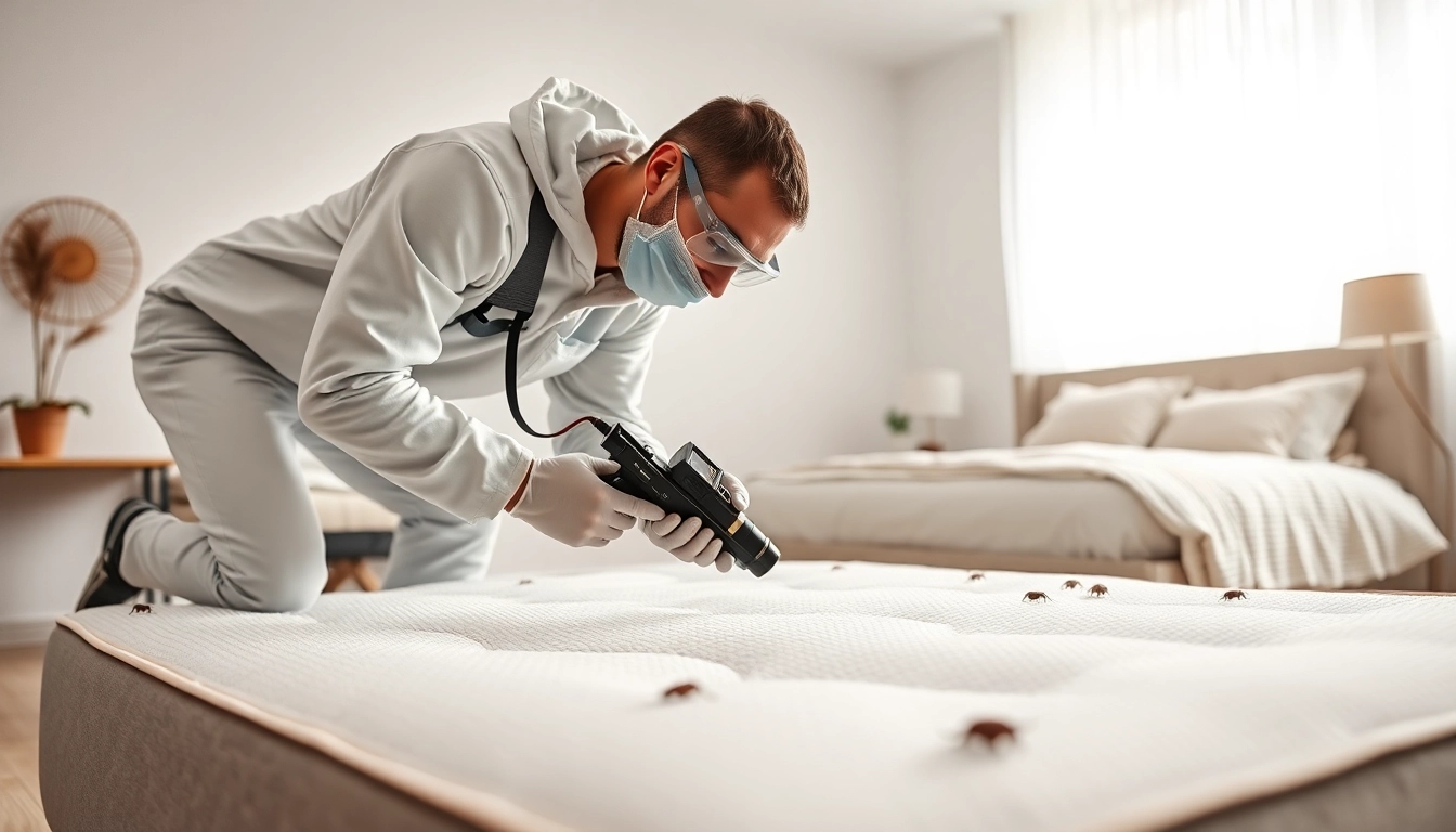 Technician performing bed bug pest control inspection on mattress in a bright, clean room.