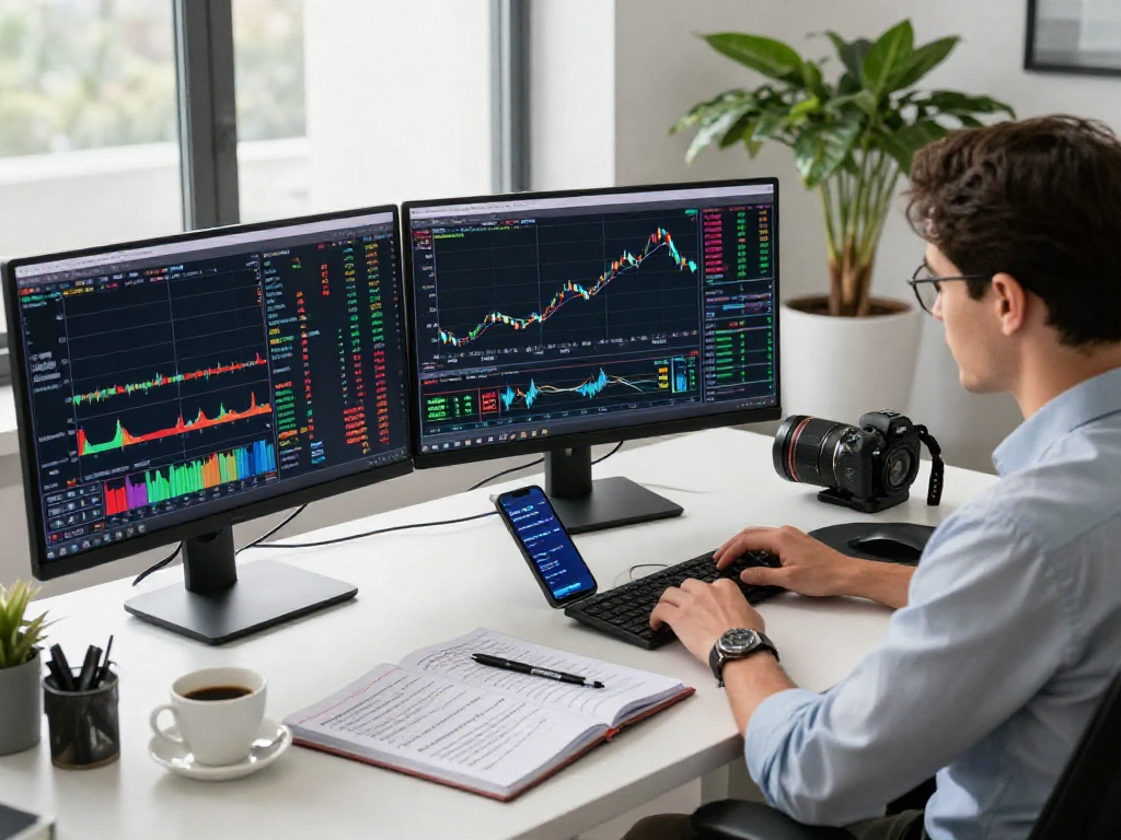 TradingView setup with professional trader analyzing market data on multiple screens in a modern workspace.