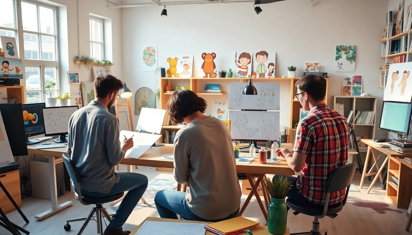Animation Studio Berlin zeigt ein kreatives Arbeitsumfeld mit Animatoren, die an Projekten arbeiten.