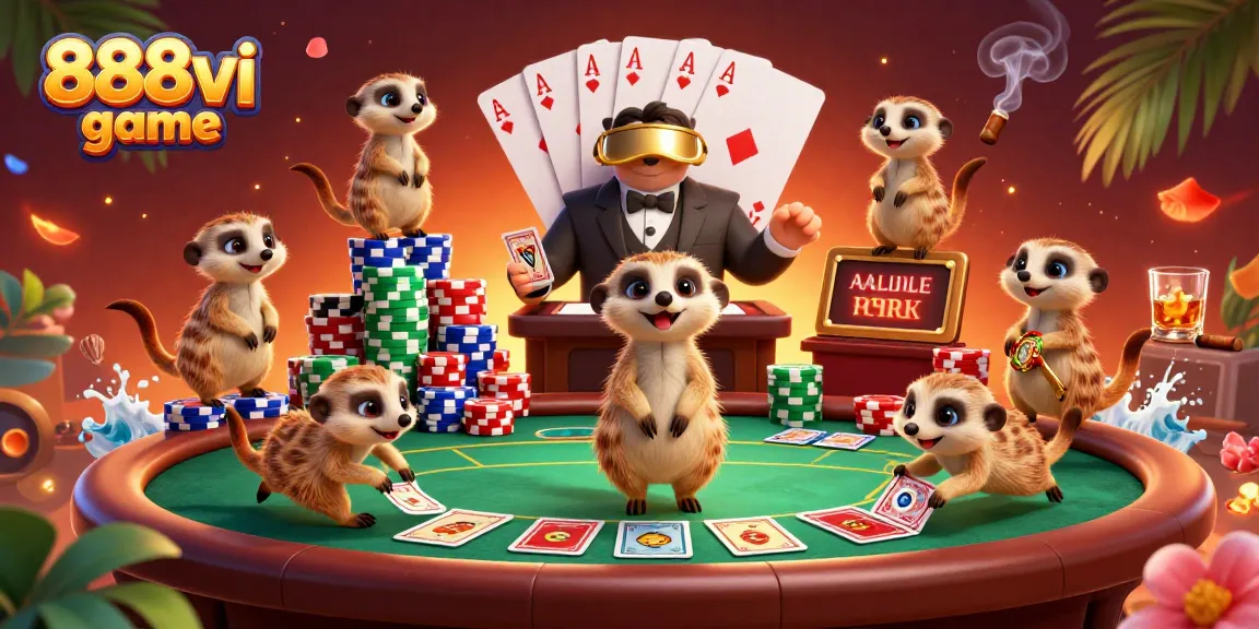 Engage with the vibrant 888vi game as meerkats operate a dynamic casino scene filled with poker elements.
