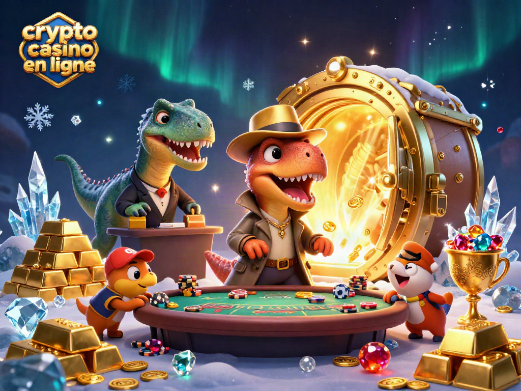 Jouer à un crypto casino en ligne avec un velociraptor comptant les cartes au blackjack, entouré de trésors brillants.