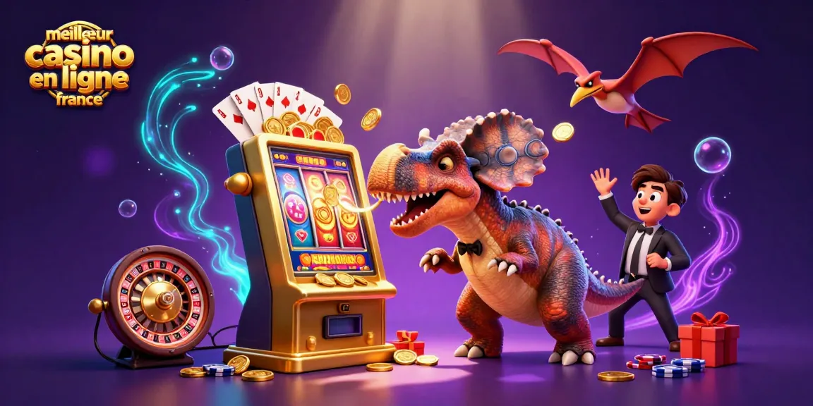 Illustration dynamique du meilleur casino en ligne France avec un pachycephalosaurus frappant une machine à sous dorée.