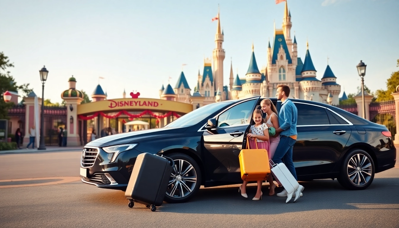 Experience Disneyland Paris airport transfer services with a family arriving excitedly at the park.