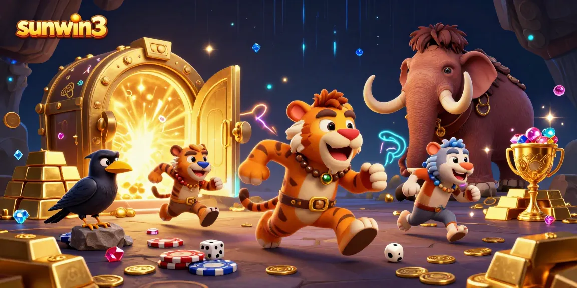 Experience thrilling gambling at sunwin3 with a vibrant prehistoric casino scene featuring animated characters and dazzling treasures.