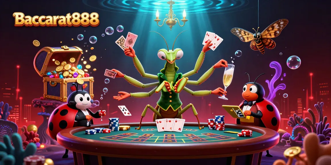 Baccarat888's vibrant scene features a giant praying mantis card sharp dealing cards with casino elements enhancing the excitement.