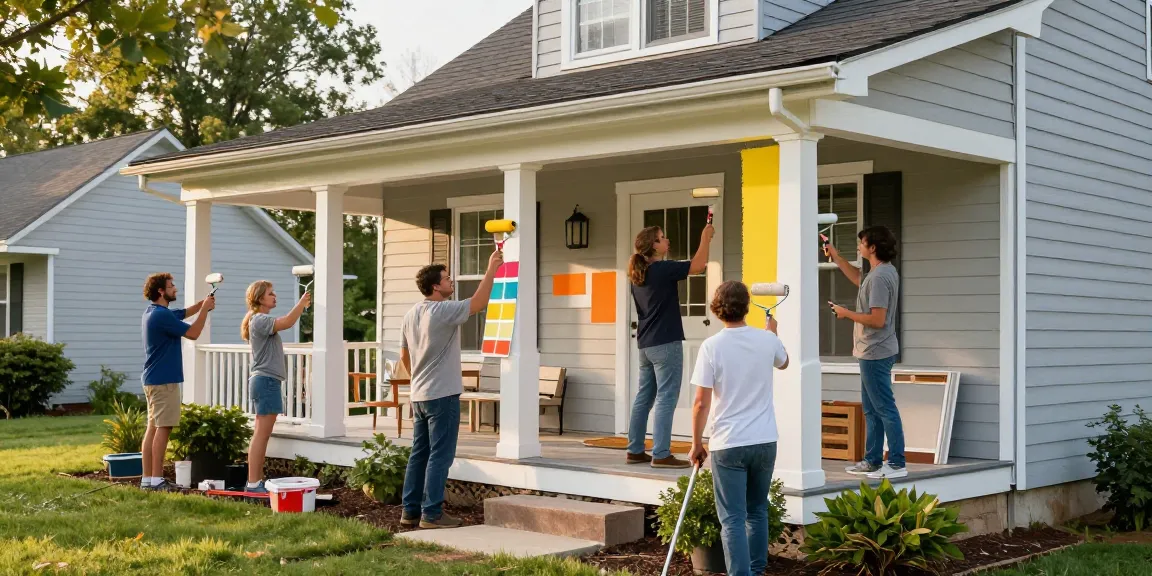 Painters in Polk County IA working on a residential property, showcasing professional painting skills and vibrant color application.