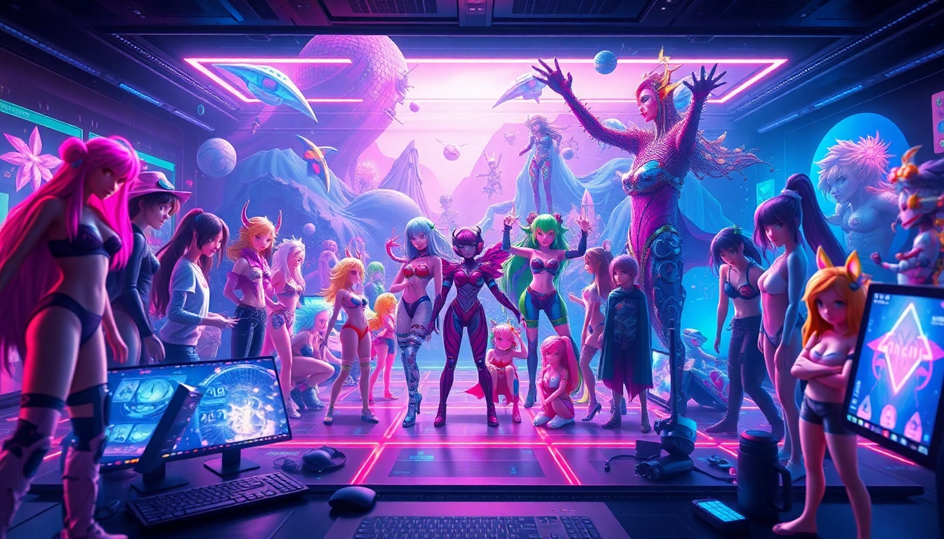 AI NSFW character models in a vibrant digital landscape showcasing futuristic creativity.