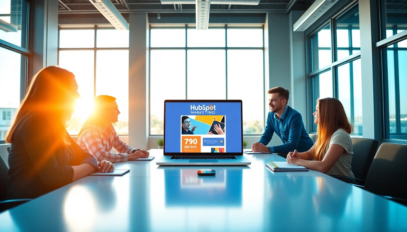 Team reviewing a HubSpot marketing email in a modern office setting.
