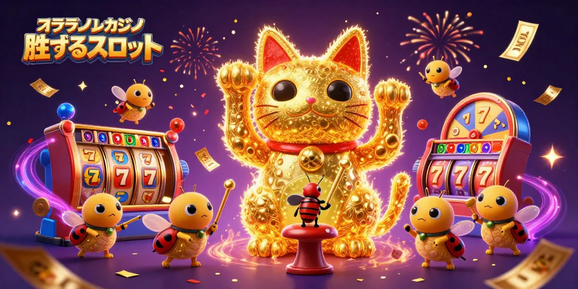 オンラインカジノ 勝てるスロットの巨大な招き猫がスロットシンボルを演じる詳細なイラスト