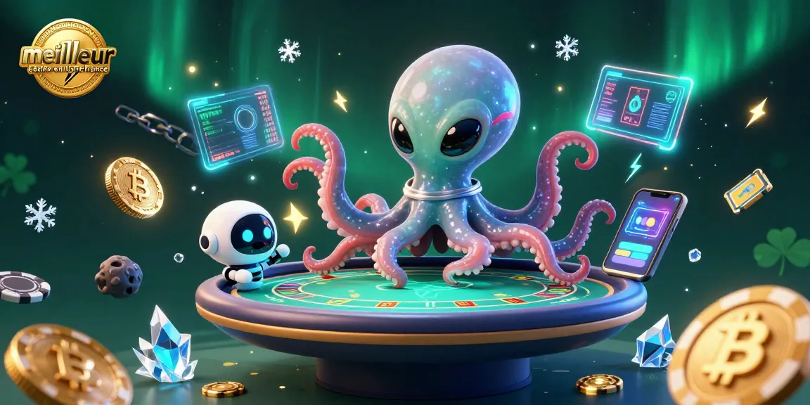 Une scène de jeu dynamique au meilleur casino en ligne France, avec un poulpe et des jetons flottants.