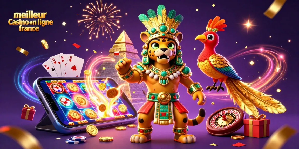 Illustration captivante du meilleur casino en ligne France, représentant un prêtre jaguar et un oiseau quetzal parmi des jeux de casino.