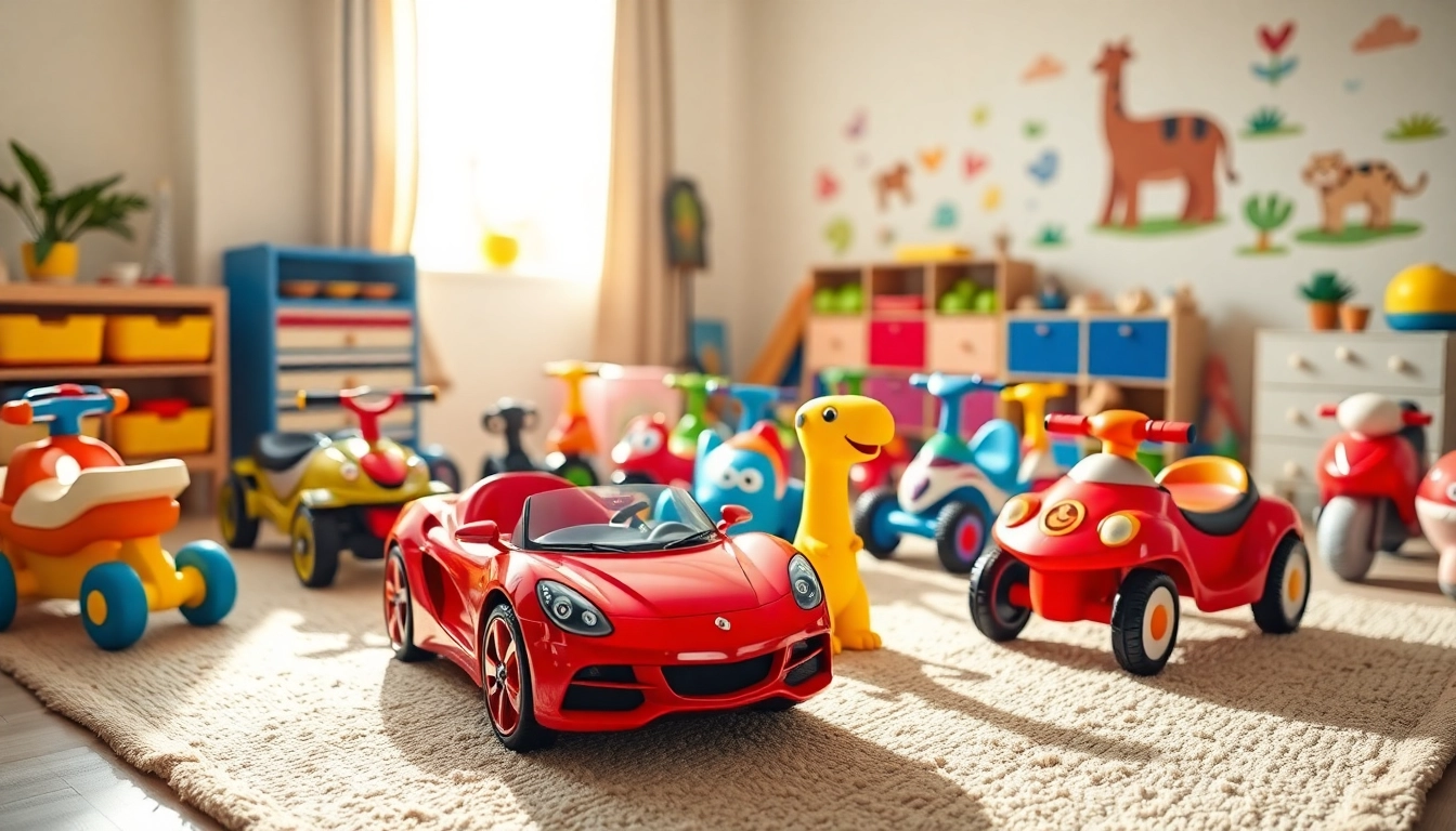 Explore engaging ride on toys arranged in a lively children's playroom setting.