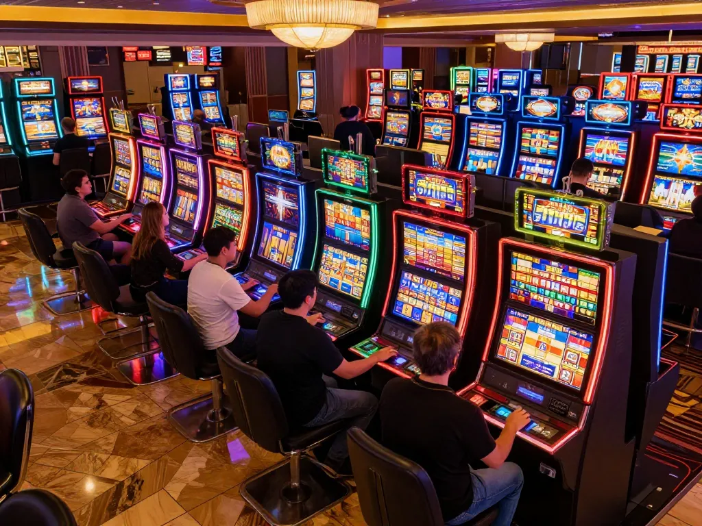 Engaged players enjoying powernet slot machines in vibrant casino atmosphere