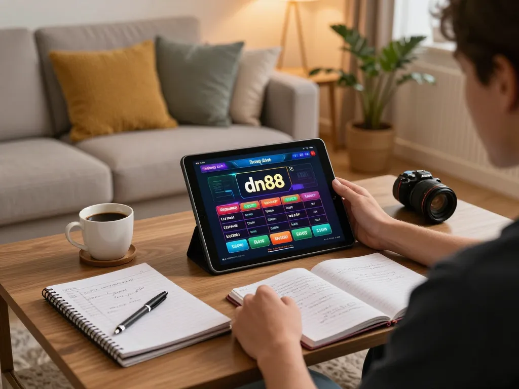 Engaging with dn88 trang chủ online casino on a tablet, highlighting a cozy home gambling setup.