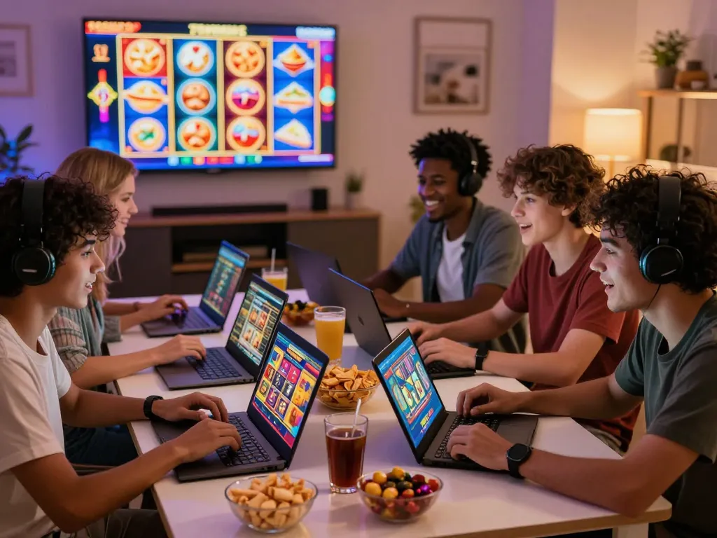 Engaging gameplay of สล็อตทดลอง with friends using modern devices, vibrant social atmosphere
