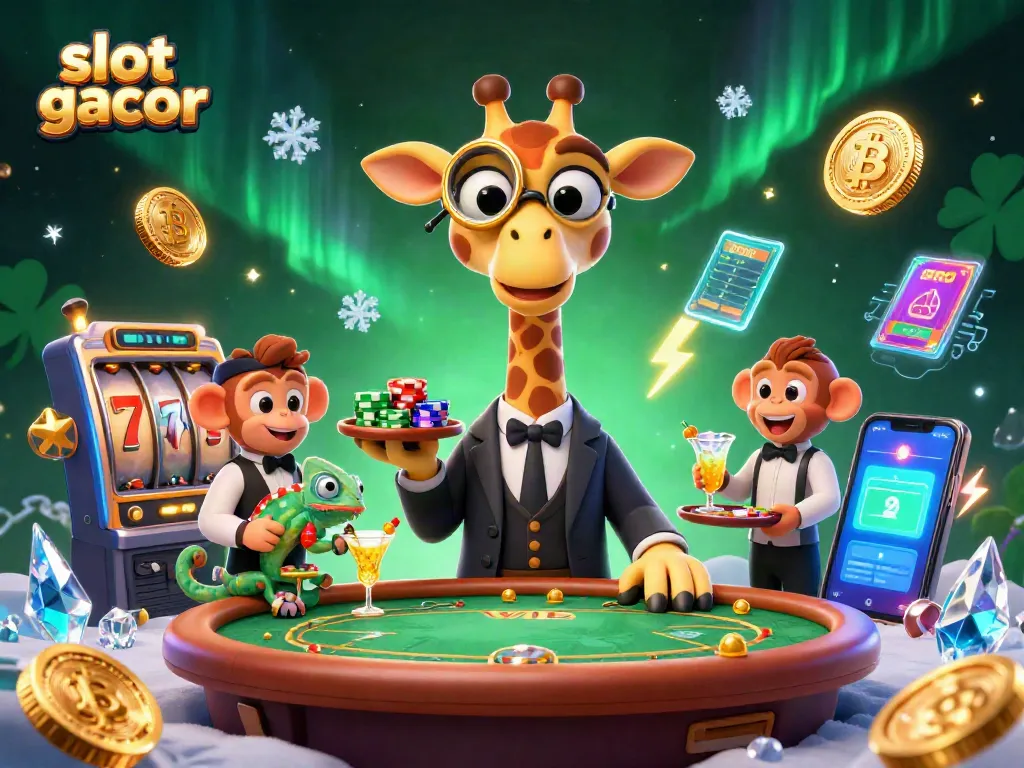 Engage with slot gacor and experience thrilling wins in a vibrant casino illustration featuring unique characters.