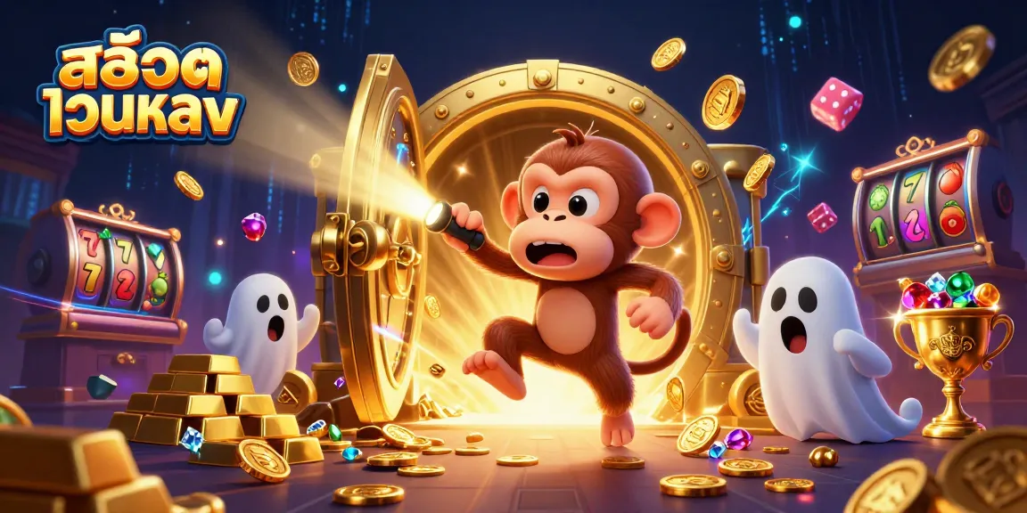 Experience thrilling สล็อตเว็บตรง gameplay with a mischievous monkey and ghost-hunter puppy in a rich casino scene.