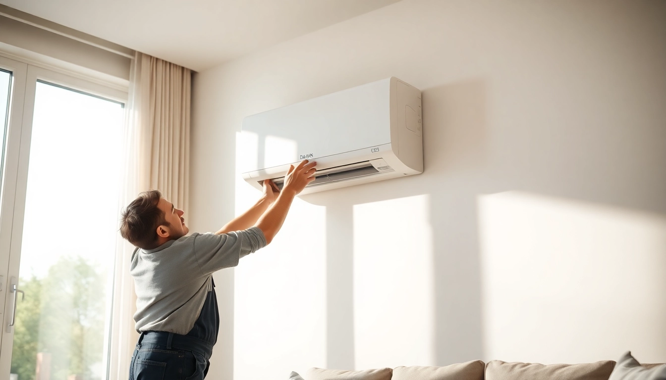 Install a Daikin mini split AC in a modern living room by an HVAC technician.