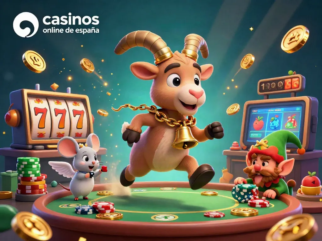 Disfruta en casinos online de España con emocionantes juegos como tragamonedas y mesas de póker en una vibrante ilustración 3D.