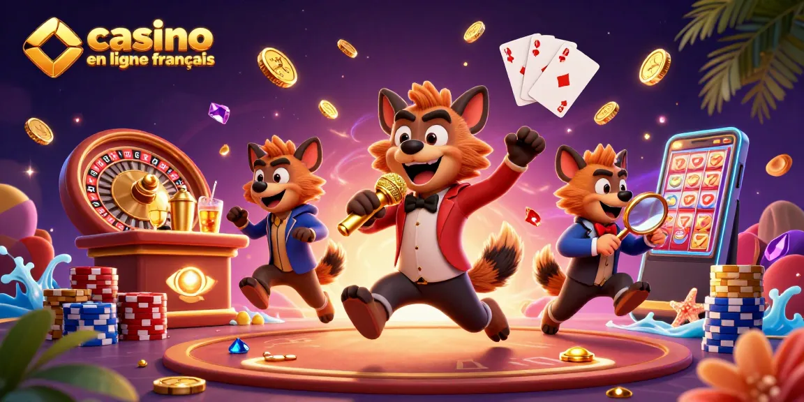 Vibrez dans un casino en ligne français avec des hyènes animées jouant et s'amusant autour des machines à sous et des jetons.