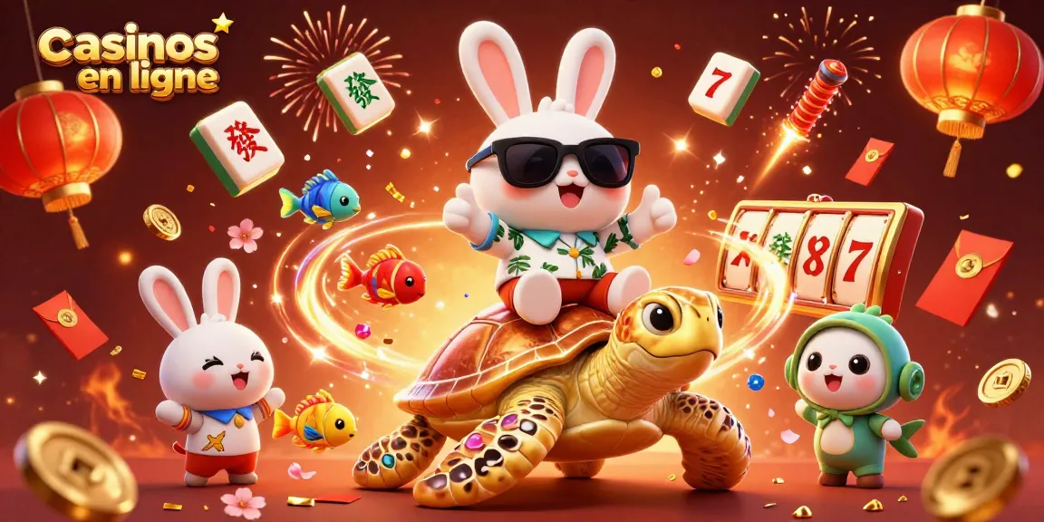 Illustration dynamique de jeux de casinos en ligne avec un lapin chanceux et une tortue dorée, en pleine fête