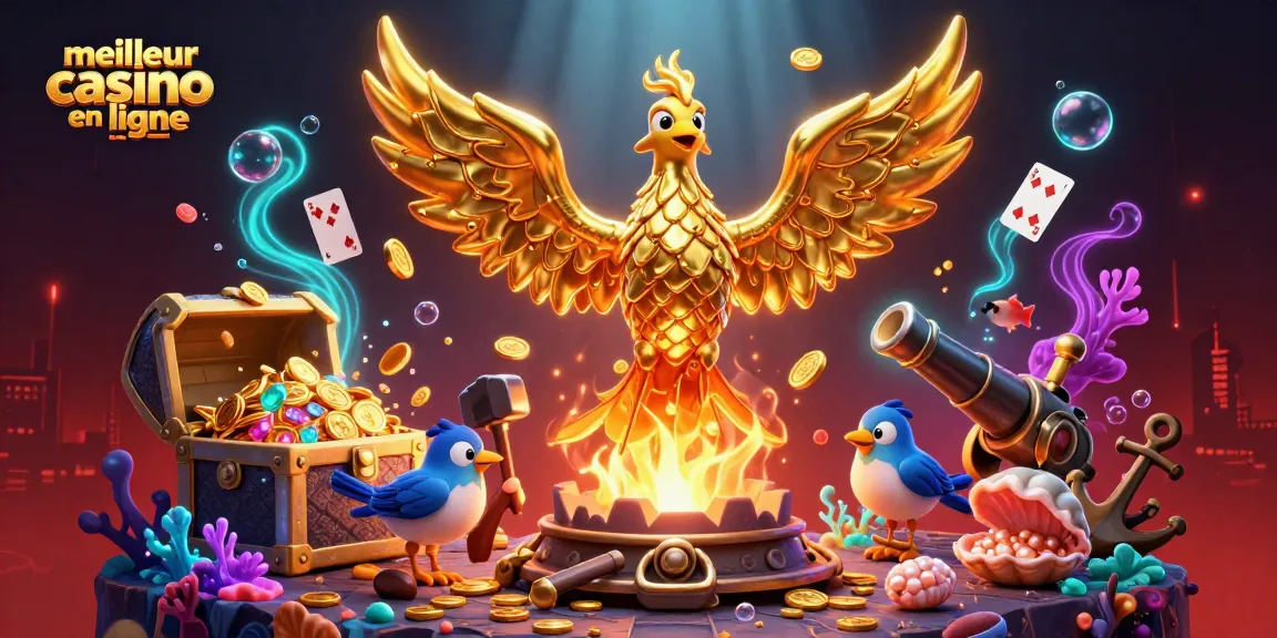 Illustration dynamique d'un phoenix doré symbolisant le meilleur casino en ligne France, entouré de trésors marins.