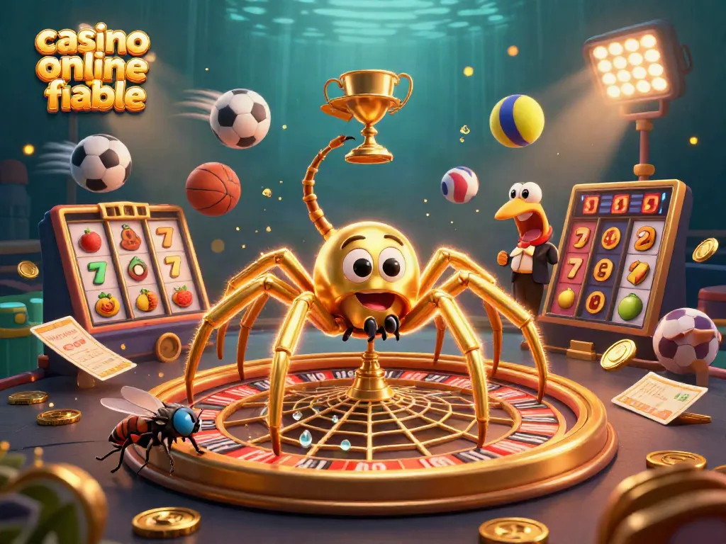 Diviértete en un casino online fiable con una ilustración de una araña y un croupier animados llenos de acción.