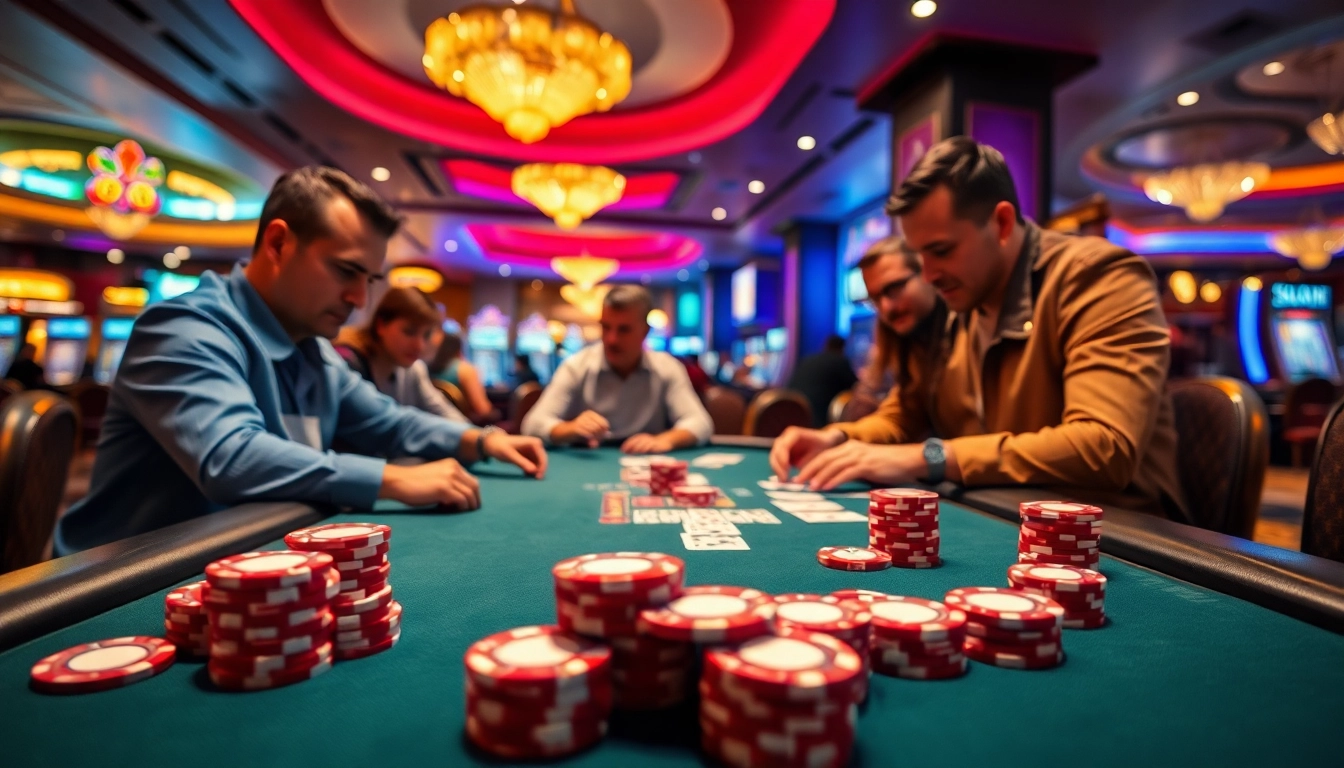 Engaging casino scene with players at 8win poker table, highlighting excitement and strategy.