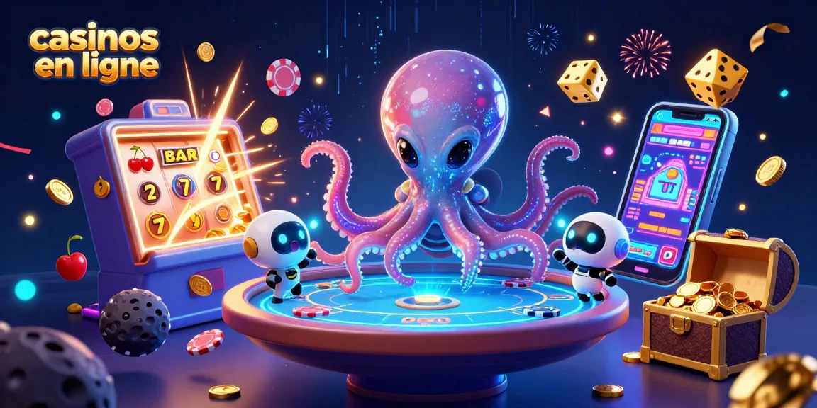 Vivez l'expérience des casinos en ligne avec un octopus extraterrestre à une table de poker holographique, entouré de machines à sous et de jeux colorés.