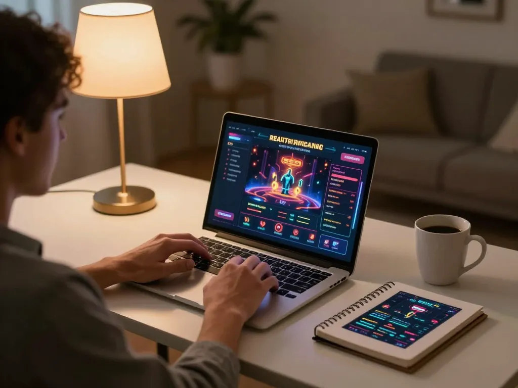 Engaging at a casino gratis senza registrazione on a laptop with gaming strategies on the side, cozy home setup.