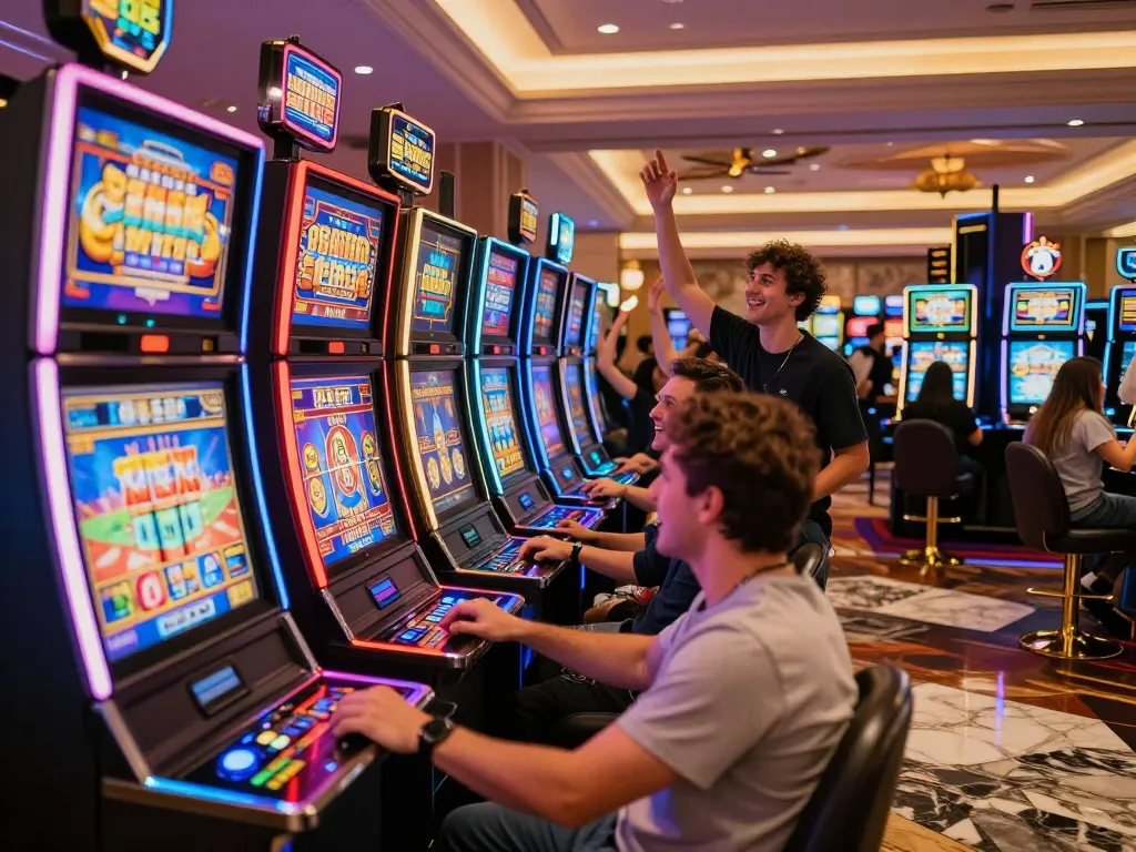 Players enjoying slot bet 200 on colorful machines in a lively casino atmosphere.