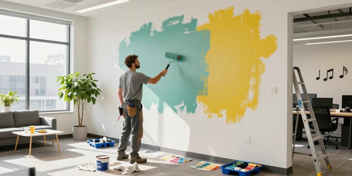 Commercial painters Franklin County OH refreshing office space with eco-friendly paint in a vibrant workspace.