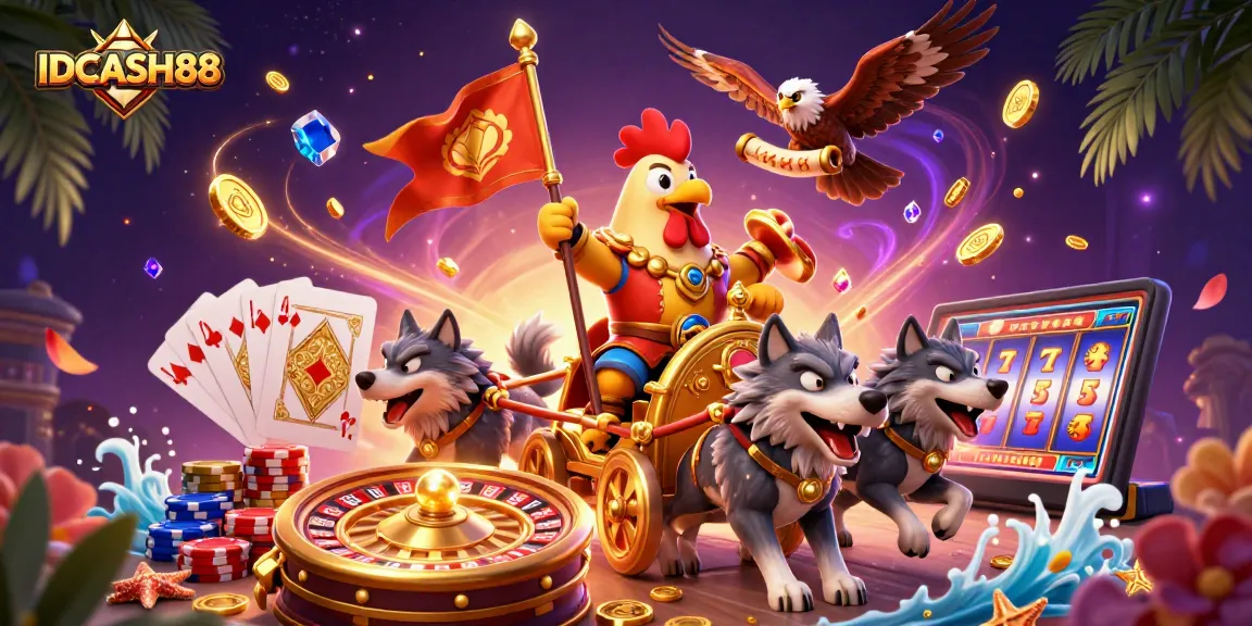 Experience thrilling gaming action with IDCASH88 in a vibrant 3D casino atmosphere filled with golden coins and slot machine reels.