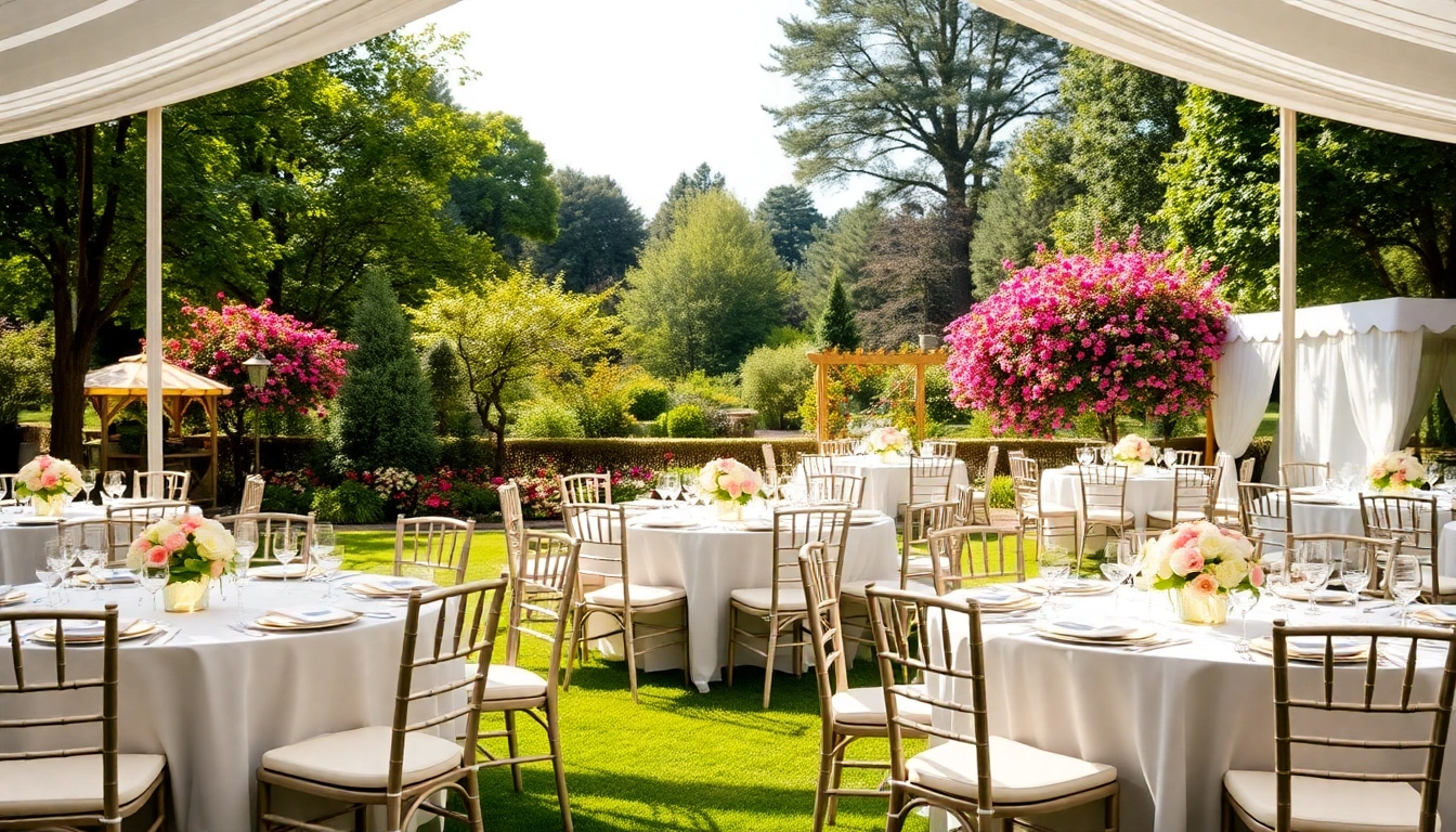 Showcase of Wedding Tent Chair & Table Rentals in an elegant outdoor setting with floral arrangements and bright decor.