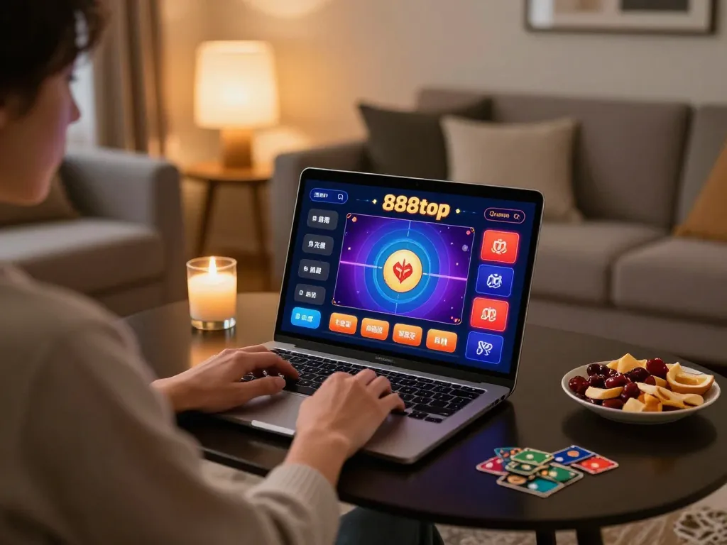 Player engaged with 888top online casino gaming platform, showcasing a vibrant interface during a casual home setup