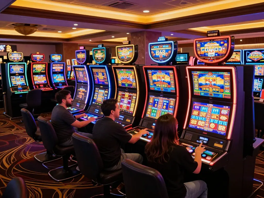 Players enjoying slot machines and vibrant games at rr88bet casino floor, capturing lively casino atmosphere.