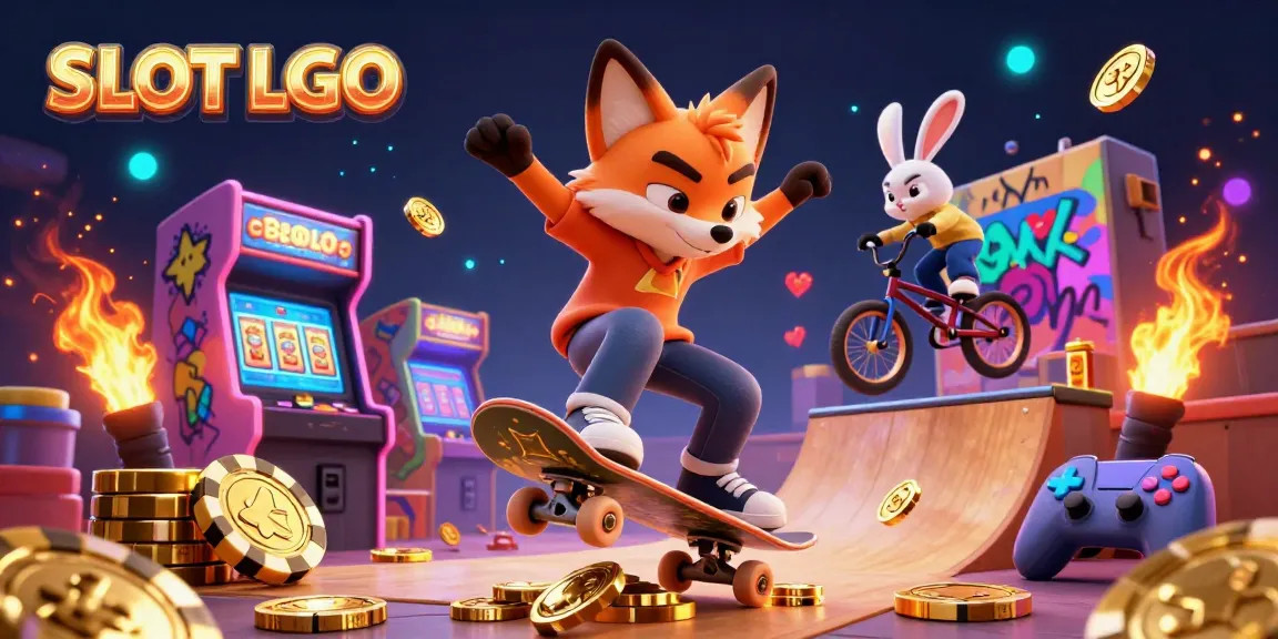 SLOT LGO showcases an exciting scene with a skateboarder fox and BMX rabbit performing tricks over golden chips amidst vibrant casino elements.