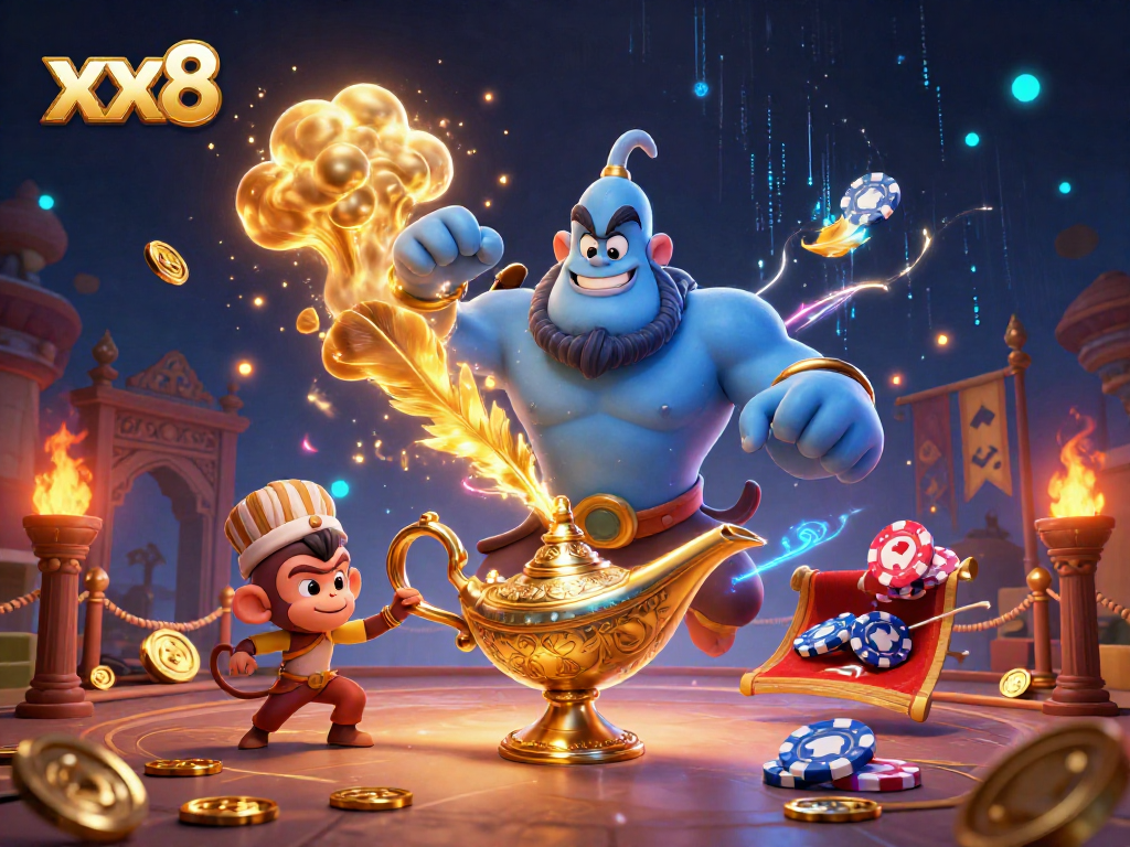 Engage with xx8's magical casino world featuring an energetic genie, poker chips, and vibrant visuals.