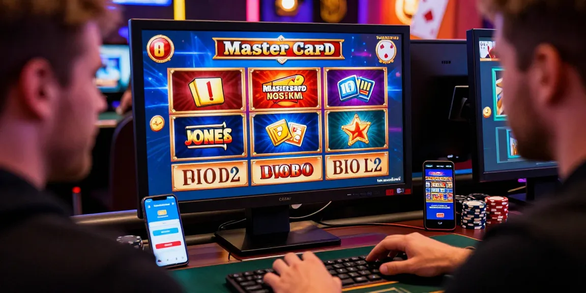 Exciting atmosphere at Mastercard casinos with UK player gaming at a desktop, surrounded by vibrant casino graphics and game icons.
