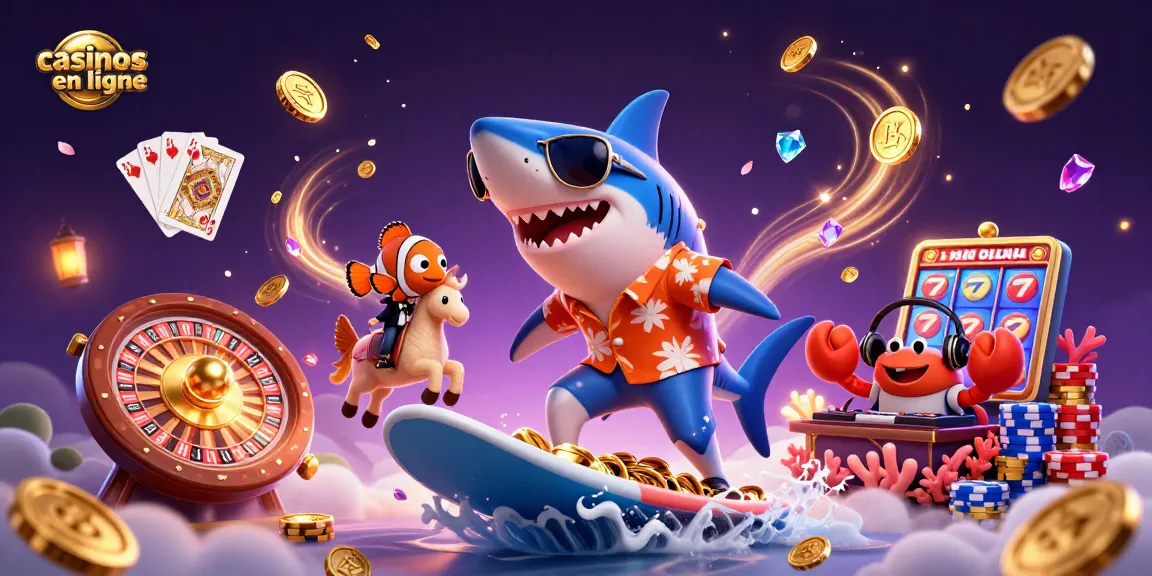 Profitez des casinos en ligne avec un requin marteau surfant sur des pièces d'or et des jeux captivants