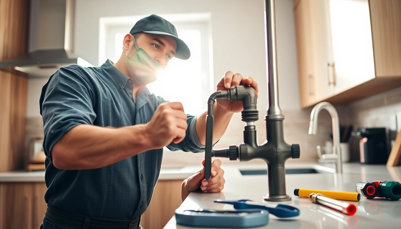 Find a qualified plumber near me fixing pipes in a bright kitchen.