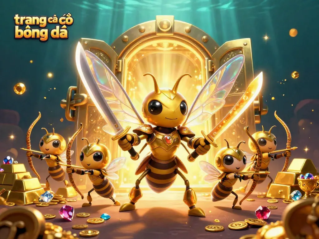 Thể hiện trang cá cược bóng đá với hornet vàng khổng lồ và kho báu lấp lánh.