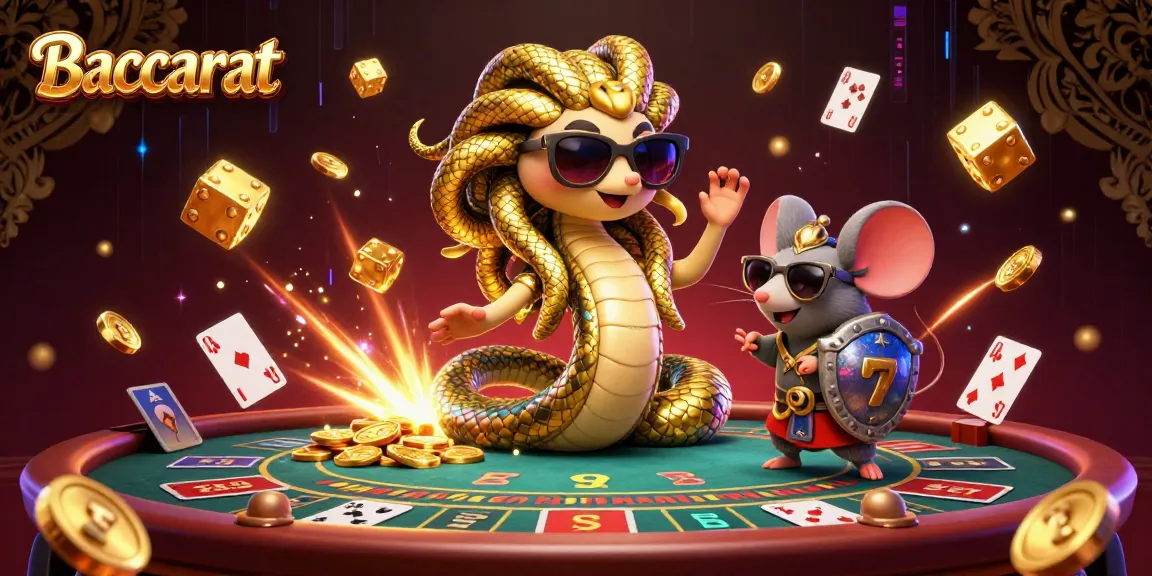 Baccarat table scene with Medusa and warrior mouse enjoying a lively casino atmosphere while winning.