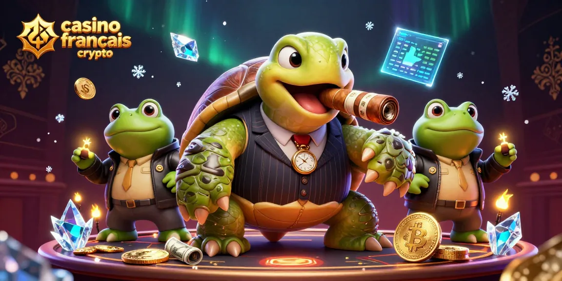 Image dynamique d'un casino français crypto avec une tortue massive en costume et des pièces de monnaie flottantes.